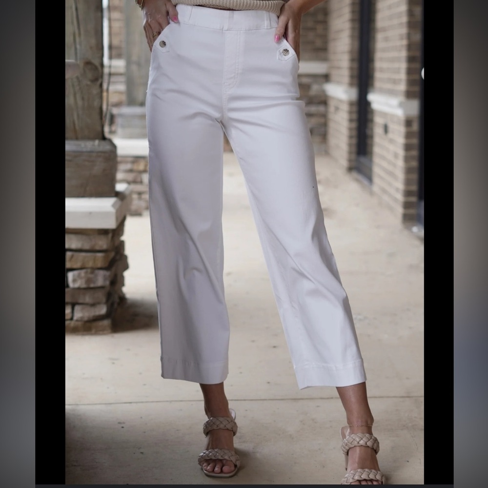 Spanx Twill khaki wide leg crop pants